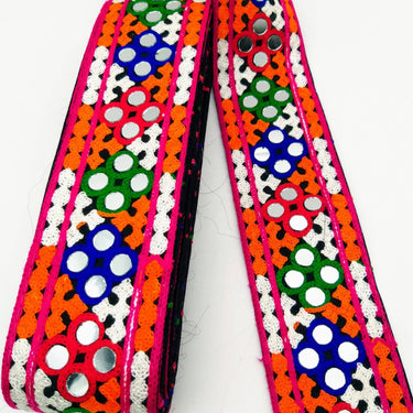 Black Cotton Fabric Trim with Multicolor Embroidery and Real Mirror, Kutch Embroidery Trim, Mirror Lace